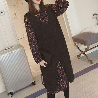 Set: Floral Print Long-sleeve Midi Chiffon Dress + Long V-neck Sweater Vest