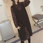 Set: Floral Print Long-sleeve Midi Chiffon Dress + Long V-neck Sweater Vest