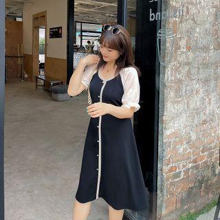 Short-sleeve Two Tone Button-up Midi Dress