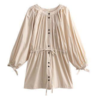 Long-sleeve Drawstring-waist Button-up Mini Dress