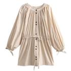 Long-sleeve Drawstring-waist Button-up Mini Dress