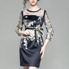 Floral Embroidered 3/4-sleeve Cocktail Dress