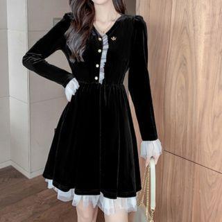 Bell-sleeve Mesh Trim Velvet A-line Dress