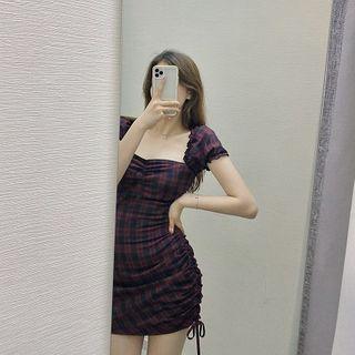 Plaid Drawstring Short-sleeve Mini Sheath Dress