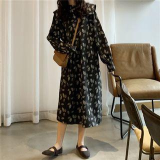 Frilled Trim Leaves Print Oversized Dress