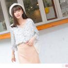 3/4 Sleeve Ruffled Print Chiffon Top