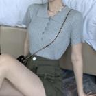 Short-sleeve Polo Collar Striped Cropped Knit Top