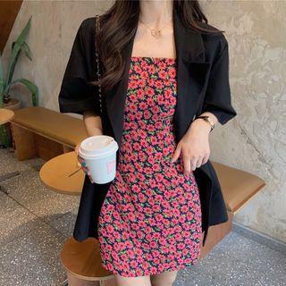 Elbow-sleeve Blazer / Spaghetti Strap Floral Dress