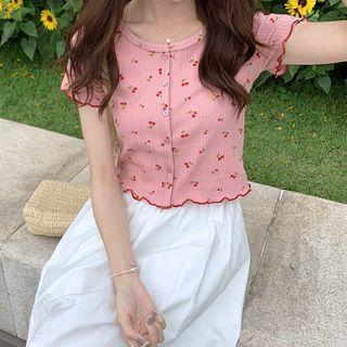 Cherry Print Frill-hem Short-sleeve Top