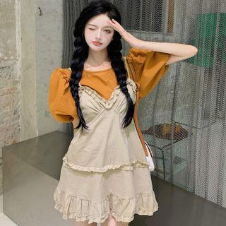 Puff-sleeve Round Neck Top / Spaghetti Strap Ruffle Trim Mini A-line Dress