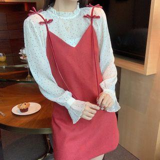 Dotted Frilled Trim Blouse / V-neck Spaghetti Strap Dress