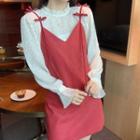 Dotted Frilled Trim Blouse / V-neck Spaghetti Strap Dress