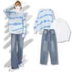 Striped Sweater / Plain Shirt / Cropped Straight Leg Jeans