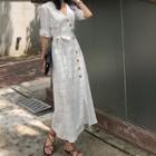 V-neck Plaid Midi A-line Dress White - One Size