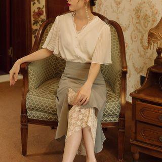 Set: Short-sleeve Lace Trim Blouse + Lace Panel Midi Pencil Skirt