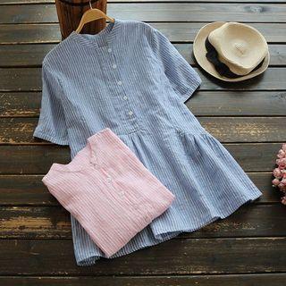 Short-sleeve Pinstripe Ruffle-hem Blouse
