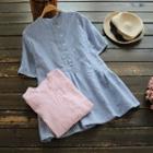 Short-sleeve Pinstripe Ruffle-hem Blouse