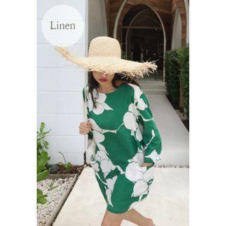 3/4-sleeve Pattern Linen Blend Dress