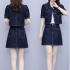 Set: Short-sleeve Denim Crop Shirt + Mini Skirt