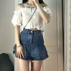 Puff-sleeve Off Shoulder Plain Halter Top / High-waist Denim Mini Skirt