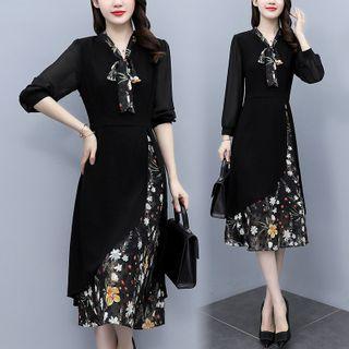Bow-neck Floral Panel Midi A-line Dress
