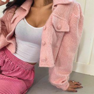 Collared Puff-sleeve Cropped Furry Cardigan