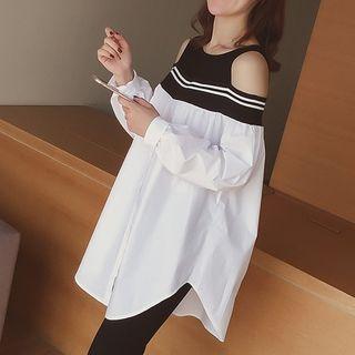 Color Panel Cut Out Shoulder Long Sleeve Top