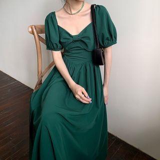 Puff Sleeve Plain Bow Midi A-line Dress