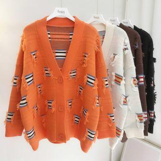 V-neck Color Block Ripped Cardigan