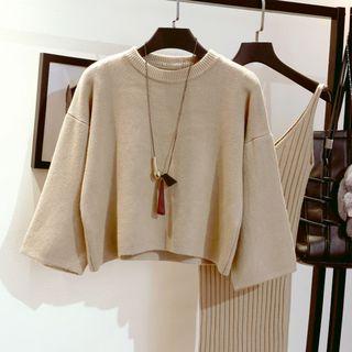 Set: Crew-neck Sweater + V-neck Sleeveless Knit Dress
