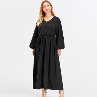 Plus Size Long-sleeve Button Midi A-line Dress