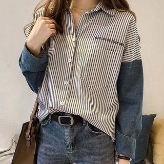 Denim Panel Striped Lettering Blouse