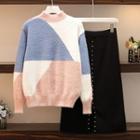 Set: Color Block Sweater + Front-slit Midi A-line Skirt