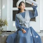 Set: Knit Vest + Long-sleeve Midi A-line Dress