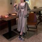 Long-sleeve Printed T-shirt / Striped Hooded Jacket / Plain Midi Skirt