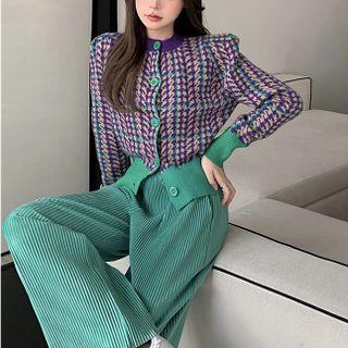 Houndstooth Button-up Knit Top / Corduroy Wide-leg Pants