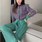 Houndstooth Button-up Knit Top / Corduroy Wide-leg Pants