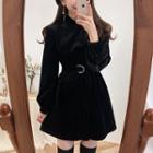 Mock-turtleneck Long-sleeve A-line Mini Velvet Dress Black - One Size