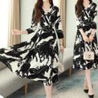 Printed V-neck 3/4 Sleeve Midi A-line Dress