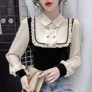 Ruffled Two-tone Velvet Panel Blouse