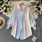 Color Panel Striped Long-sleeve Top As Shown In Image - One Size