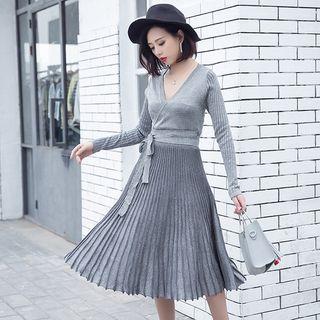 Long-sleeve Glitter Midi Accordion Pleat Knit Dress