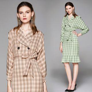 Plaid Tie-waist Long-sleeve Collared Dress