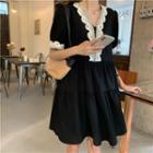 Short-sleeve Lace-trim A-line Dress Black - One Size