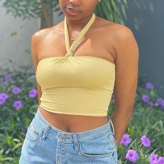 Sleeveless Strapless Plain Halter Crop Top