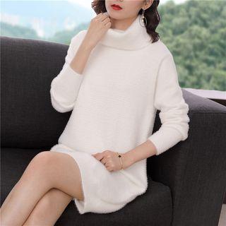 Plain Mock Neck Long-sleeve Sweater Dress