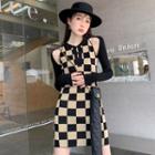 Long-sleeve Mock Two-piece Checkered Mini Dress