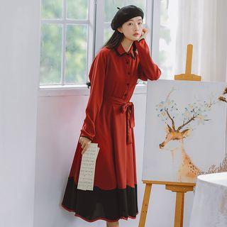 Color Block Tie-waist Long-sleeve Dress