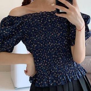 Puff-sleeve Floral Print Peplum Top