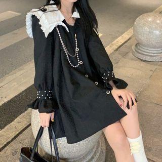 Puff-sleeve Studded Collared A-line Dress